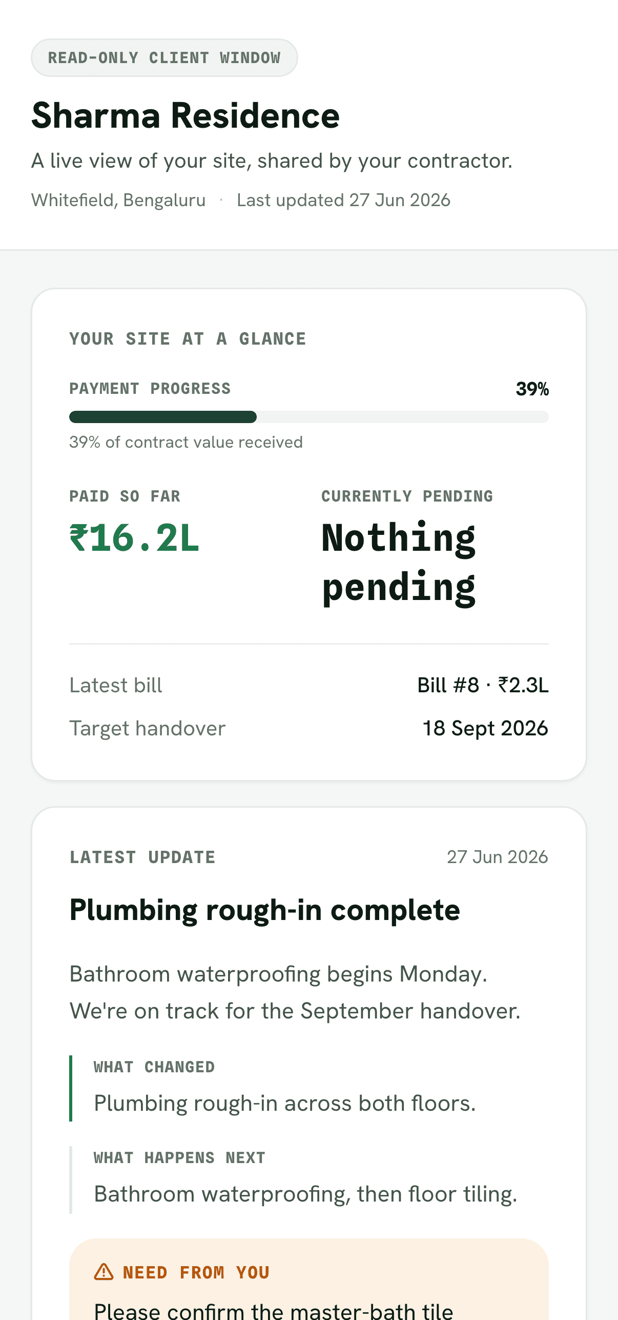 The shared client window — payment progress, paid and pending, with no login