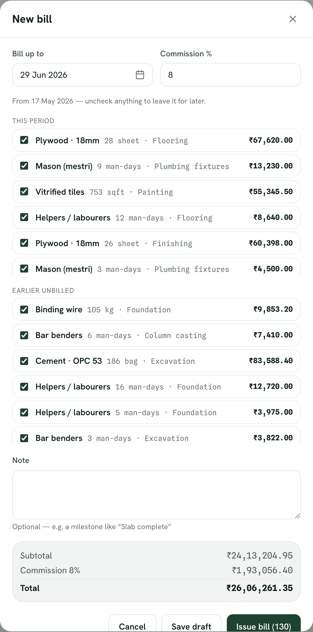 Unbilled work selected for a new itemised bill