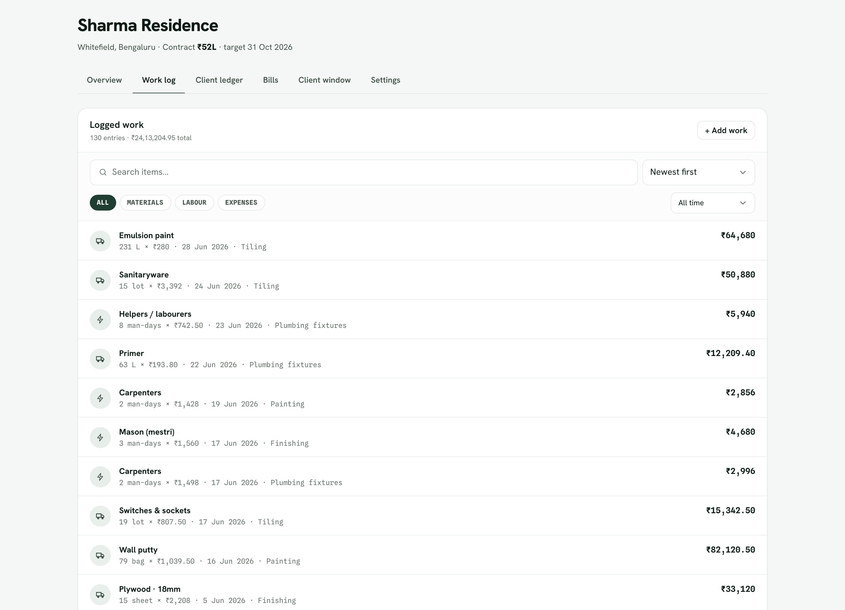 A site's work log — materials, labour and expenses with quantities, rates and dates